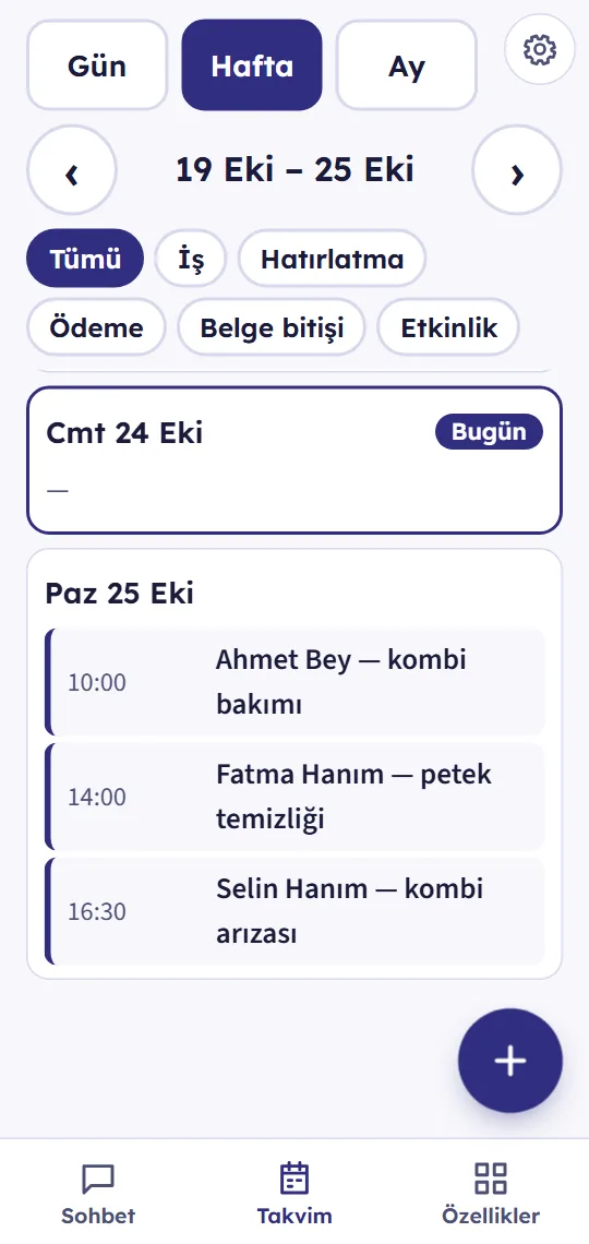 MD Asistan ekranı: Söylenen işler günü ve saatiyle takvime düşer.