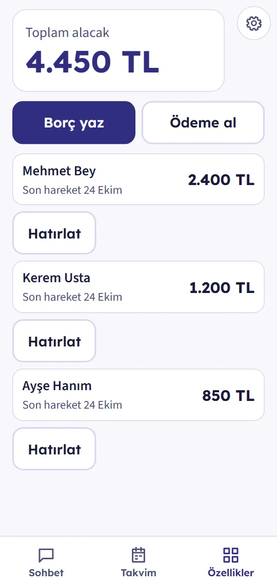 MD Asistan ekranı: Kim ne kadar borçlu, toplam alacak; tek dokunuşla hatırlatma.