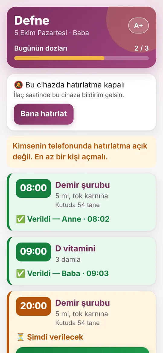 Verdik mi? ekranı: Bugün kaç doz var, kaçı verildi; hatırlatma açık mı.